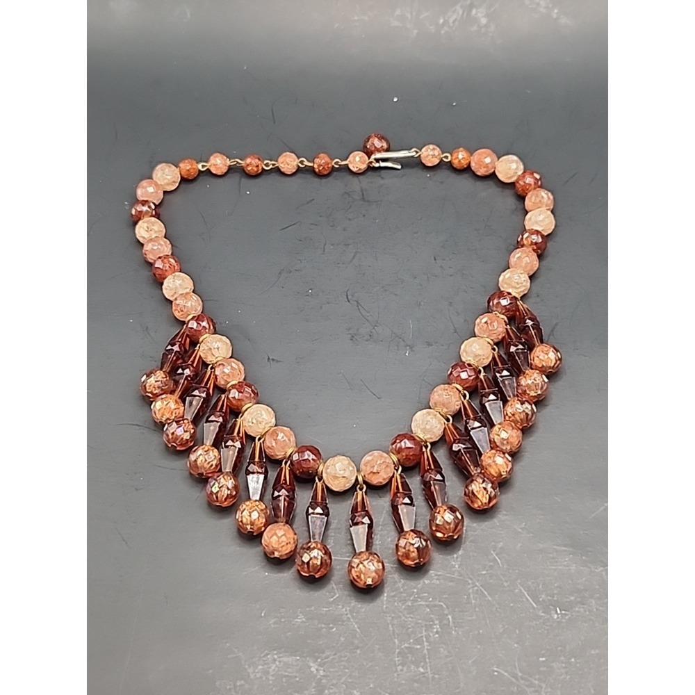 Vintage Western Germany Earth Toned Acrylic Faceted Beaded Fringe Necklace 17.5"
